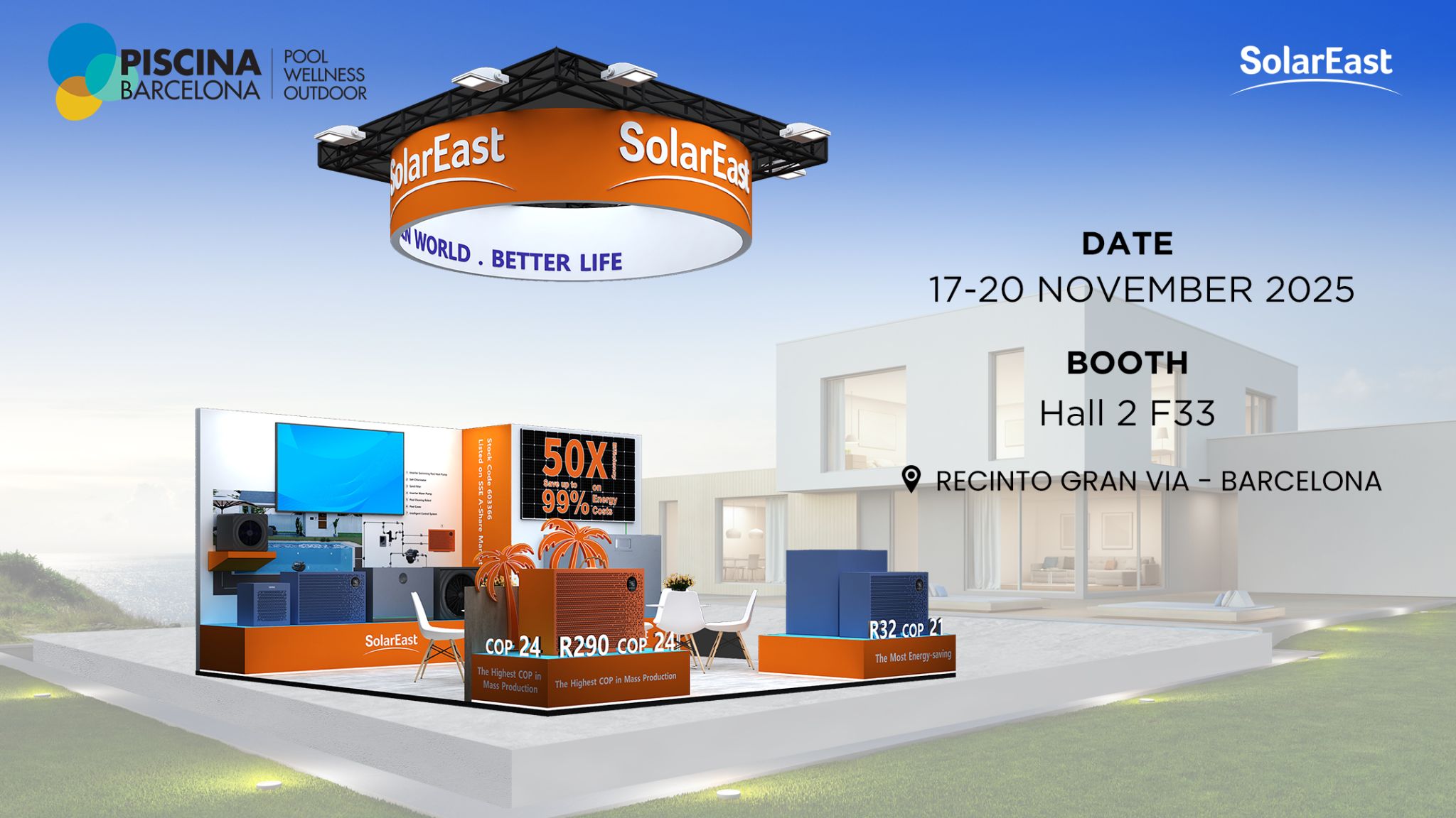 Solareast presenta la nuova serie di pompe di calore per piscina R290 e PV-Direct a Piscina & Wellness Barcelona 2025